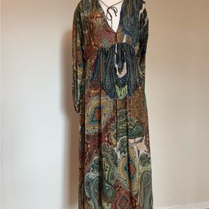 Zara Green and Orange Maxi Dress with Bishop Sleeves